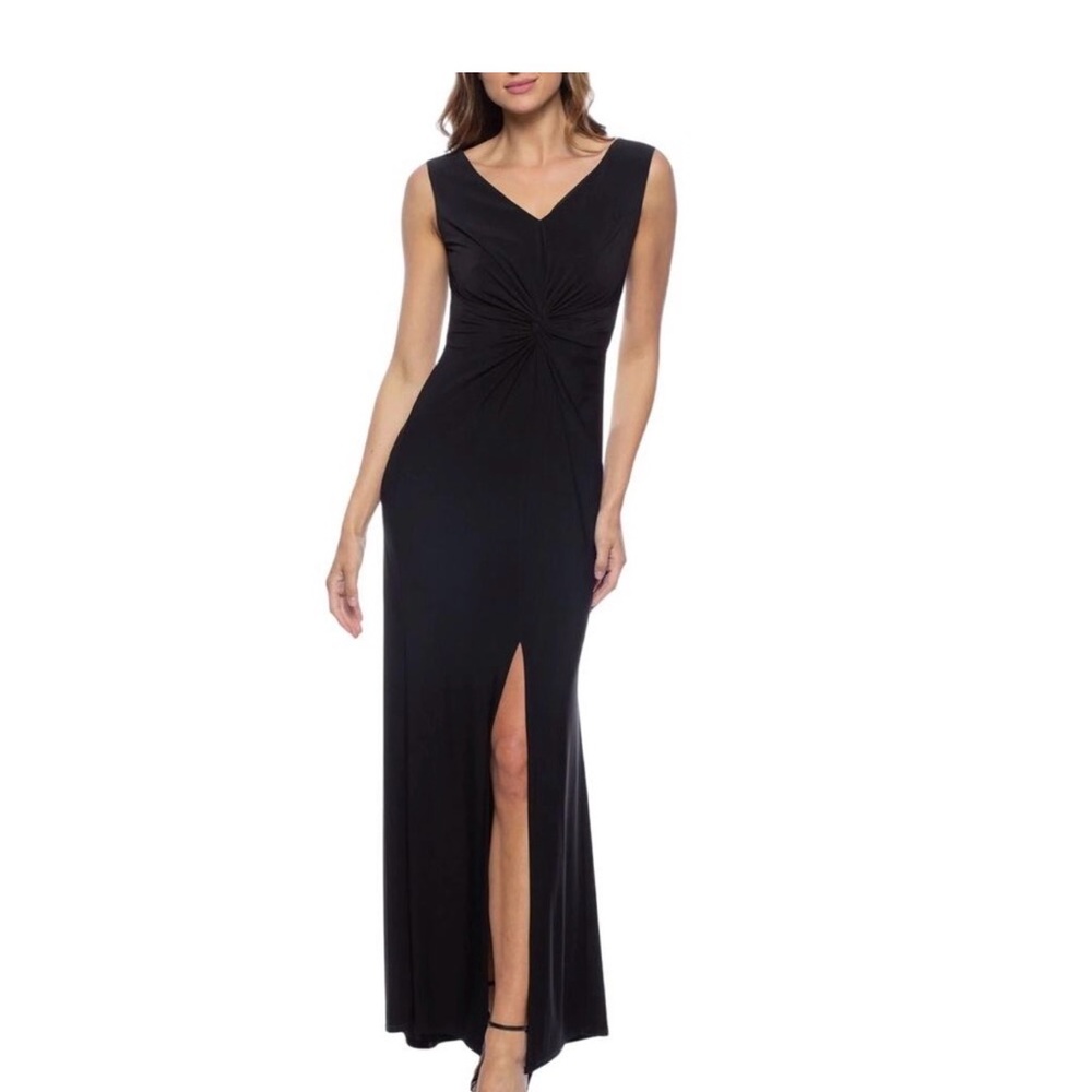 Marina Long V Neck Knot Front High Slit Sleeveless Black Maxi Dress NWT Small
